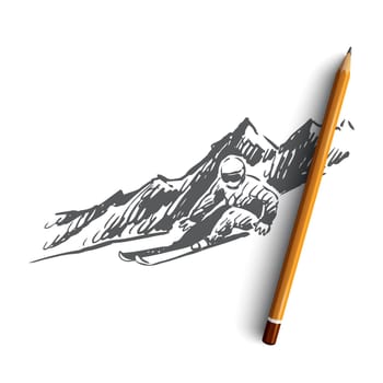Ski, snow, winter, sport, extreme concept. Hand drawn sportsman skiing in winter mountains concept sketch. Isolated vector illustration.