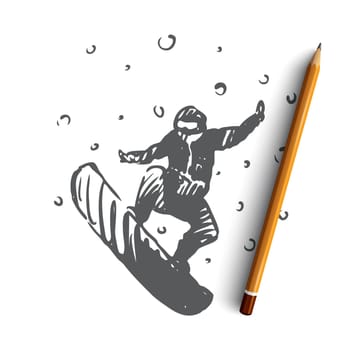 Snowboard, winter, sport, speed, extreme concept. Hand drawn man on snowboard, winter sport concept sketch. Isolated vector illustration.