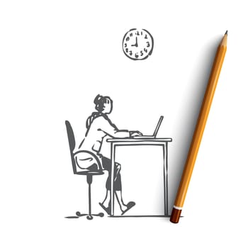 Working, girl, computer, internet, job concept. Hand drawn start of working day, girl works with computer concept sketch. Isolated vector illustration.