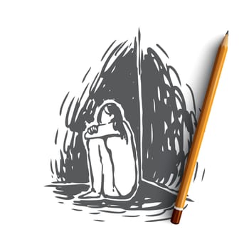 Childhood, sad, unhappy, kid, stress concept. Hand drawn child in depression concept sketch. Isolated vector illustration.