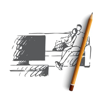 Home, cinema, couple, movie, relax concept. Hand drawn man and woman watch movie at home concept sketch. Isolated vector illustration.