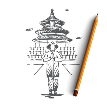 China, country, building, Asia, people concept. Hand drawn Chinese man in traditional dress concept sketch. Isolated vector illustration.