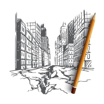 Earthquake, city, disaster, damage, danger concept. Hand drawn ground crack because of earthquake concept sketch. Isolated vector illustration.