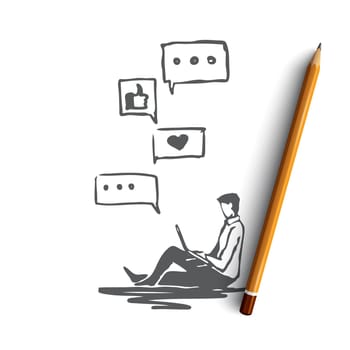 Feedback, business, communication, customer, opinion concept. Hand drawn man reading feedback in social networks concept sketch. Isolated vector illustration.
