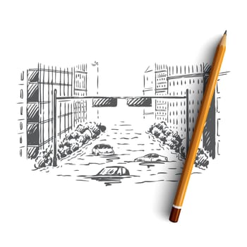 Flood, disaster, city, street, danger concept. Hand drawn flood in city, cars and buildings in water. Nature disaster concept sketch. Isolated vector illustration.