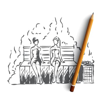 Sauna, Finnish, leisure, hot, spa concept. Hand drawn women relaxing in wooden Finnish sauna. Relaxation therapy concept sketch. Isolated vector illustration.
