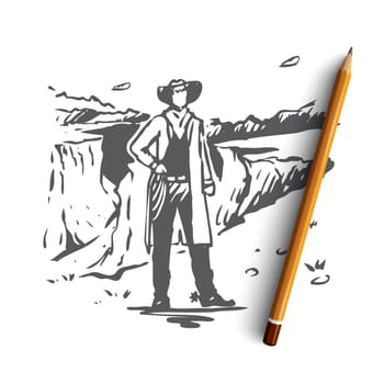 USA, cowboy, national, America, state concept. Hand drawn American cowboy and traditional USA landscape with canyon concept sketch. Isolated vector illustration.