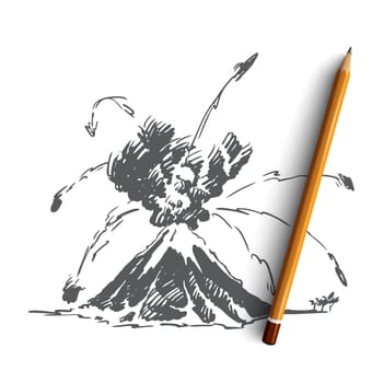 Volcano, lava, eruption, mountain, ash concept. Hand drawn mountain eruption with lava, fire. Natural disaster concept sketch. Isolated vector illustration.