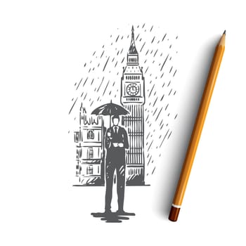 United Kingdom, England, tower, rain, Britain concept. Hand drawn tower and rainy weather, symbols of United kingdom country concept sketch. Isolated vector illustration.