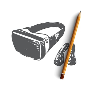 VR, equipment, reality, technology, glasses, game concept. Hand drawn virtual reality glasses and joystick concept sketch. Isolated vector illustration.