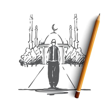 Turkey, mosque, country, traditional, tourism concept. Hand drawn Turkish man in traditional dress, mosque on background concept sketch. Isolated vector illustration.