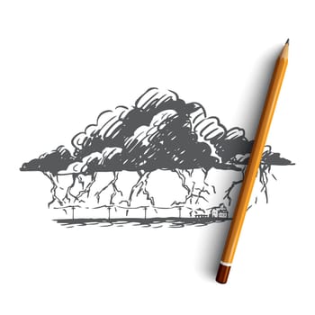 Lightning, strike, cloud, storm, thunderstorm concept. Hand drawn lightning strikes in time of thunderstorm concept sketch. Isolated vector illustration.