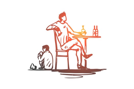 Father, alcohol, drunk, child, alcoholism concept. Hand drawn drunk father and child at home concept sketch. Isolated vector illustration.