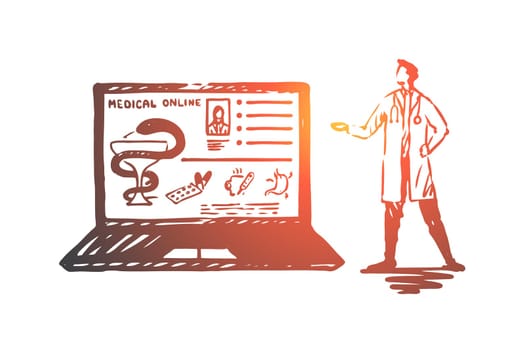 Doctor, online, medicine, laptop, service concept. Hand drawn doctor online medicine service concept sketch. Isolated vector illustration.