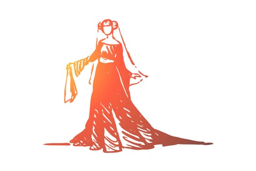 Woman, dress, medieval, elegant, clothes concept. Hand drawn lady in ancient long dress concept sketch. Isolated vector illustration.