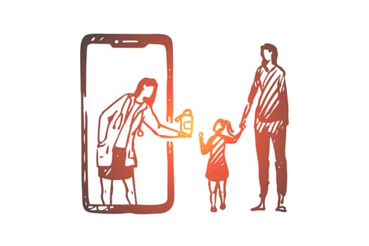 Child, doctor, online, medicine, mobile phone concept. Hand drawn doctor helps child through smartphone concept sketch. Isolated vector illustration.