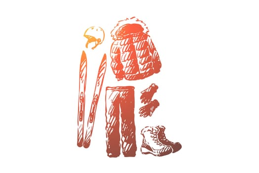 Ski, resort, winter, equipment, clothing concept. Hand drawn clothes and equipment for ski resort concept sketch. Isolated vector illustration.