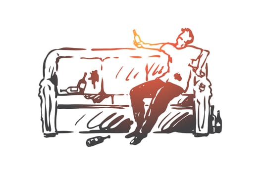 Alcoholism, man, drunk, bottle, sofa concept. Hand drawn drunk man with bottle sitting on sofa concept sketch. Isolated vector illustration.
