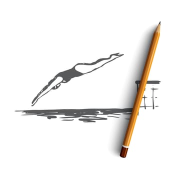 Diving, water, pool, jump, swim concept. Hand drawn woman jumps in pool with water concept sketch. Isolated vector illustration.