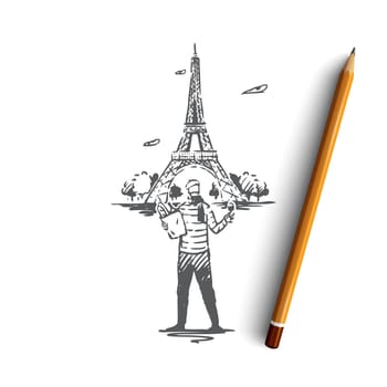 France, Paris, Eiffel, tower, man, baguette concept. Hand drawn Paris and Eiffel tower, symbols of France concept sketch. Isolated vector illustration.