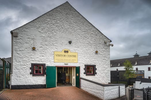 Bushmills, Northern Ireland, Aug 2019 Entrance to visitor centre of Old Bushmills Distillery, a whiskey distillery, popular tourist attraction, Antrim