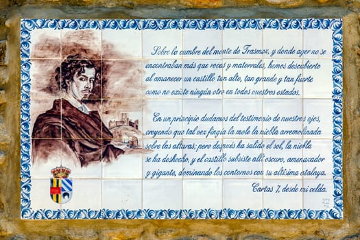 Trasmoz, Spain-October 7, 2021: The writer and poet Gustavo Adolfo Becquer, lived in this town where he dedicated a rhyme to him, now in ceramic he adorns a street
