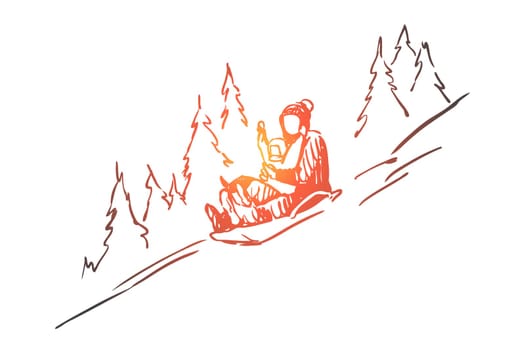 Sled, winter, mountains, activity, sport concept. Hand drawn mother and kid sledding in winter mountains concept sketch. Isolated vector illustration.