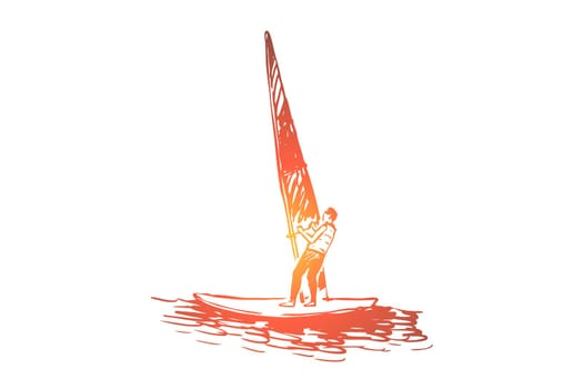 Windsurfing, water, sea, summer, sport concept. Hand drawn summer extreme sport windsurfing skiing concept sketch. Isolated vector illustration.