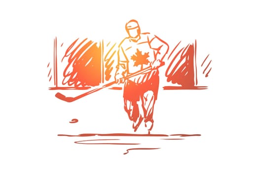 Canada, hockey, symbol, country, sport concept. Hand drawn Canadian man play hockey concept sketch. Isolated vector illustration.