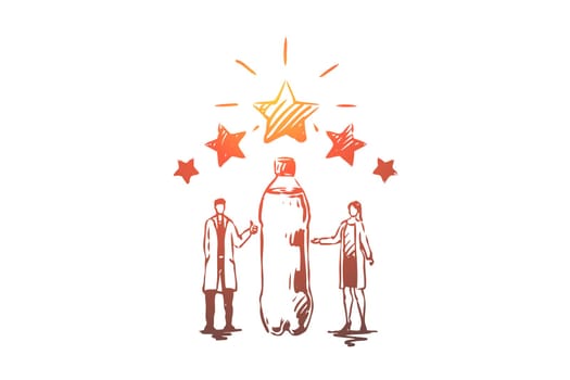 Water, drink, bottle, clear, plastic concept. Hand drawn chemists with bottle of clean water concept sketch. Isolated vector illustration.