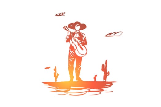Mexico, guitar, cactus, sombrero, Mexican concept. Hand drawn traditional Mexican man with guitar and sombrero concept sketch. Isolated vector illustration.