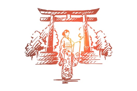 Japan, country, Sakura, traditional, Asia concept. Hand drawn Japanese architecture, woman in traditional dress concept sketch. Isolated vector illustration.