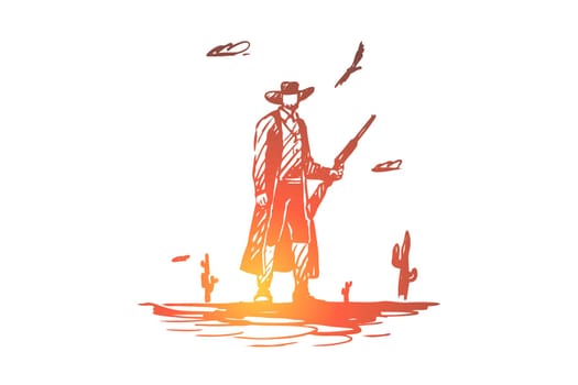 Wild, west, cowboy, gun, hat, western concept. Hand drawn western character with gun in desert concept sketch. Isolated vector illustration.