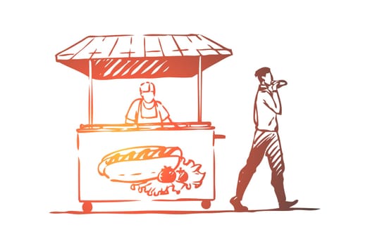 Hot dog, fast food, kiosk, street concept. Hand drawn man eating hot dog in street concept sketch. Isolated vector illustration.