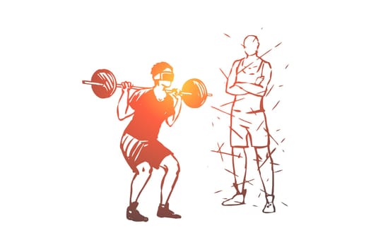 Home, gym, barbell, exercise, man, sport concept. Hand drawn man training at home with barbell and glasses concept sketch. Isolated vector illustration.