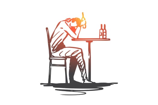Depression, alcohol, problem, bottle, drink concept. Hand drawn man in depression drink alcohol concept sketch. Isolated vector illustration.