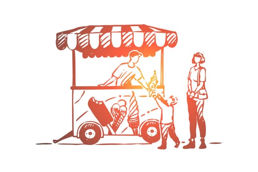 Ice cream, car, child, truck, sweet concept. Hand drawn truck with ice cream. Child eating ice cream concept sketch. Isolated vector illustration.