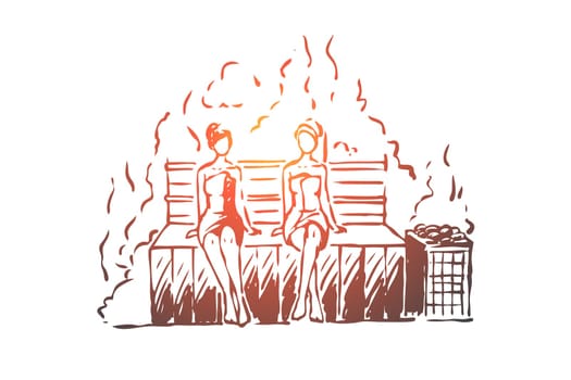 Sauna, Finnish, leisure, hot, spa concept. Hand drawn women relaxing in wooden Finnish sauna. Relaxation therapy concept sketch. Isolated vector illustration.