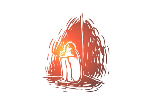 Childhood, sad, unhappy, kid, stress concept. Hand drawn child in depression concept sketch. Isolated vector illustration.