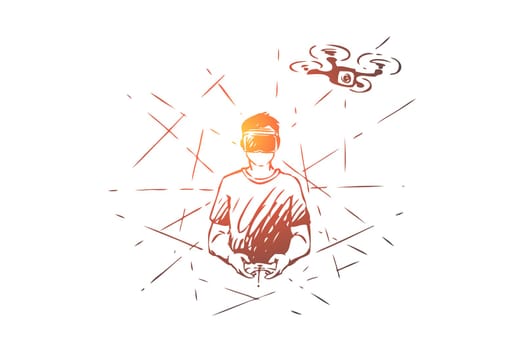 Remote, control, drone, fly, man concept. Hand drawn man in glasses using remote control for drone concept sketch. Isolated vector illustration.