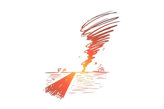 Tornado, hurricane, storm, weather, wind concept. Hand drawn weather disaster, tornado ruins building concept sketch. Isolated vector illustration.
