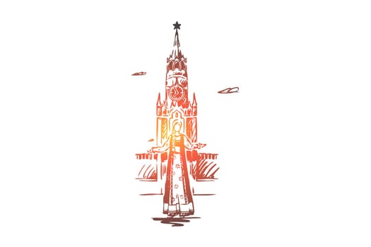 Russia, Kremlin, Moscow, travel, city concept. Hand drawn kremlin tower and woman in traditional Russian dress concept sketch. Isolated vector illustration.