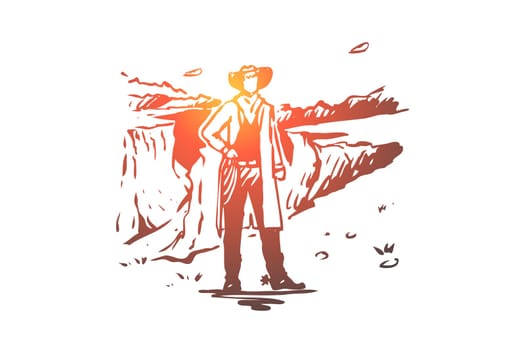 USA, cowboy, national, America, state concept. Hand drawn American cowboy and traditional USA landscape with canyon concept sketch. Isolated vector illustration.