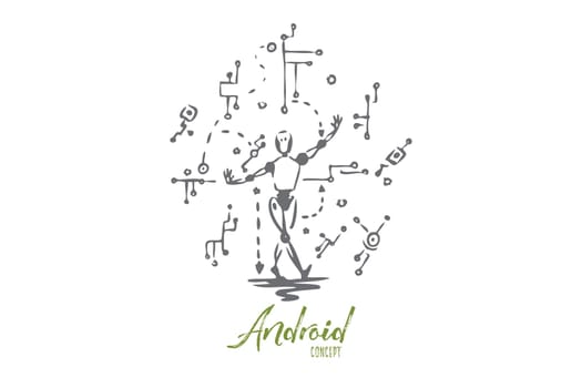 Circuit, technology, robot, data, android concept. Hand drawn android robot and circuit concept sketch. Isolated vector illustration.