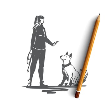 Woman, pet, dog, animal, training concept. Hand drawn woman is training a dog concept sketch. Isolated vector illustration.