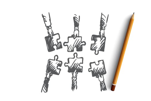 Teamwork, team, people, unite concept. Hand drawn human hands holding puzzles as symbol of cooperation and teamwork concept sketch. Isolated vector illustration.