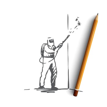 Pest, control, service, insect, toxic concept. Hand drawn person in uniform from pest control service concept sketch. Isolated vector illustration.
