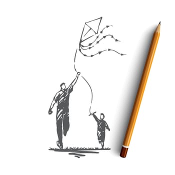 Kite, father, son, family, parenting concept. Hand drawn dad and son running with kite concept sketch. Isolated vector illustration.