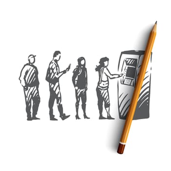 ATM, queue, people, money, machine concept. Hand drawn queue of people to ATM machine concept sketch. Isolated vector illustration.