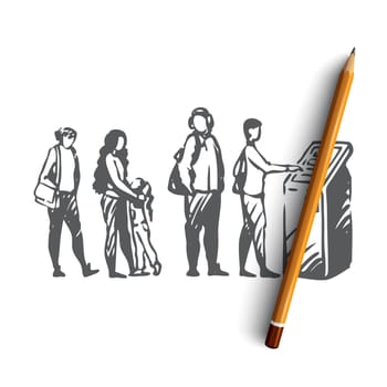 Payment terminal, queue, people, finance, cash concept. Hand drawn queue of people to payment terminal concept sketch. Isolated vector illustration.